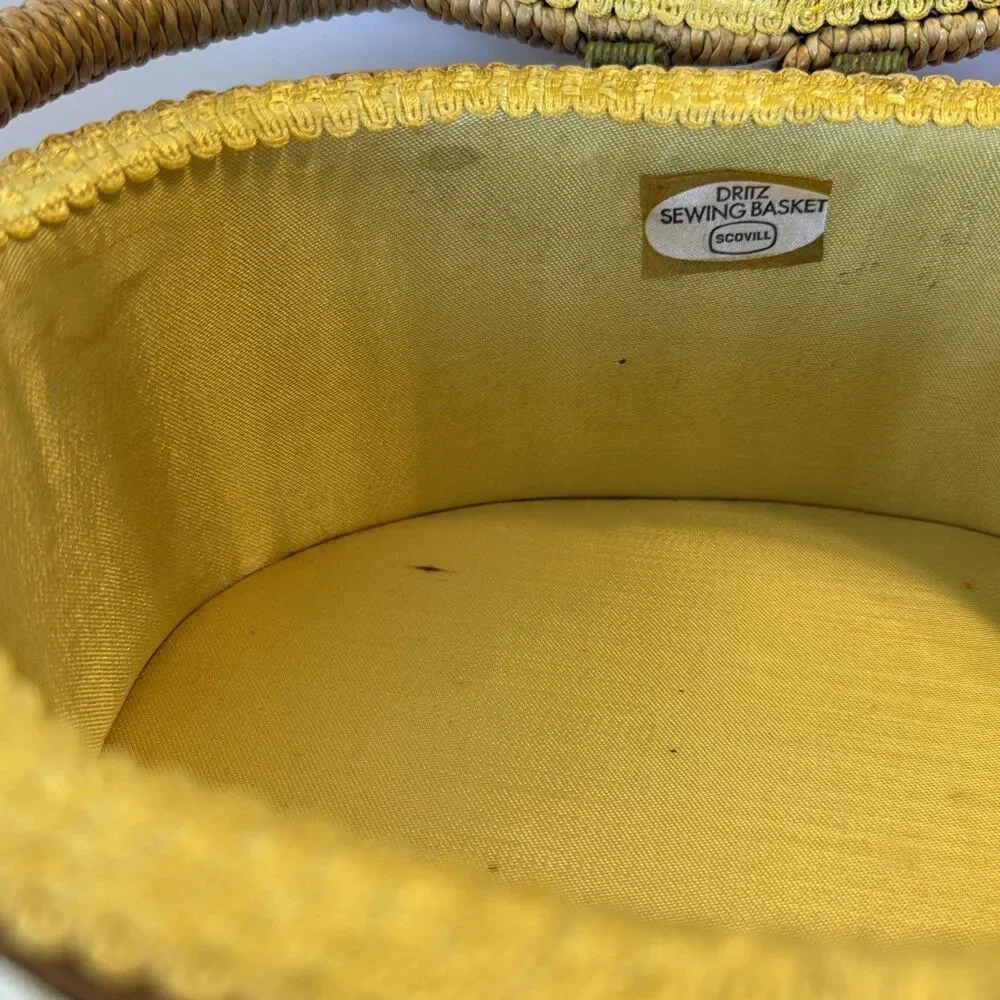 Dritz Sewing Basket Oval Woven Wicker Scovill Yellow Interior w Handle Vintage